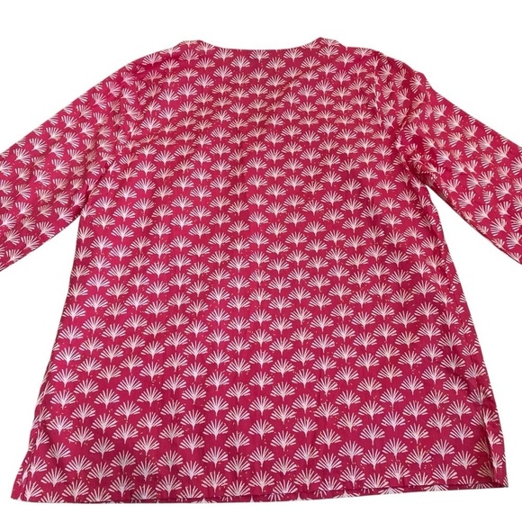 Talbots Pink White Fan Print Poplin Popover Blouse Lace Trim 3/4 Sleeves Sz X - Picture 7 of 16